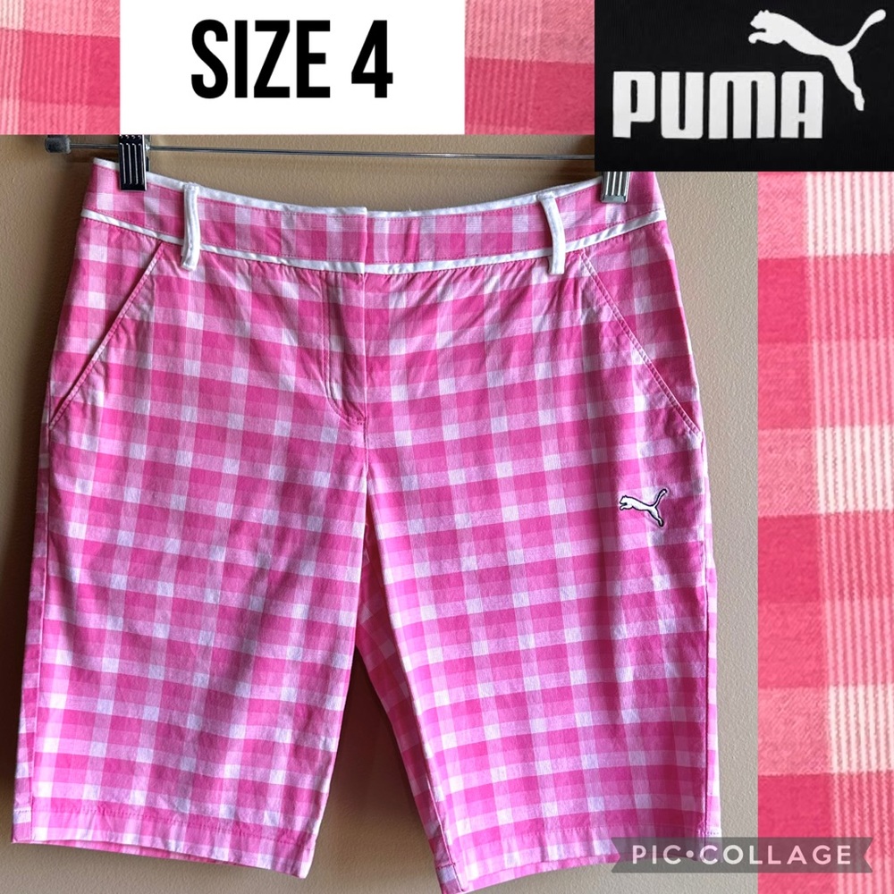 Puma Womens Shorts Pink White Plaid Tech Bermuda Golf 10” Inseam Low Rise Size 4